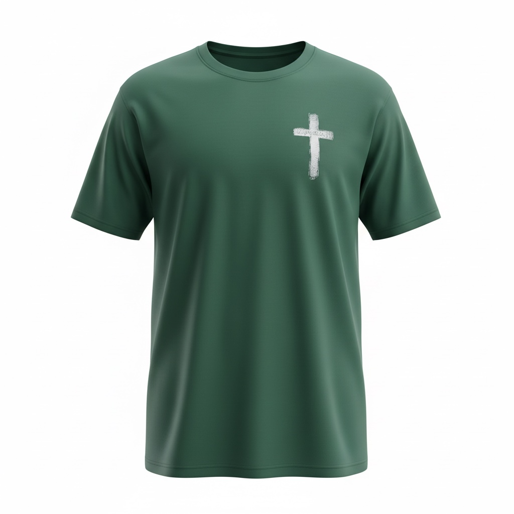 Green t-shirt with a white cross on a white background