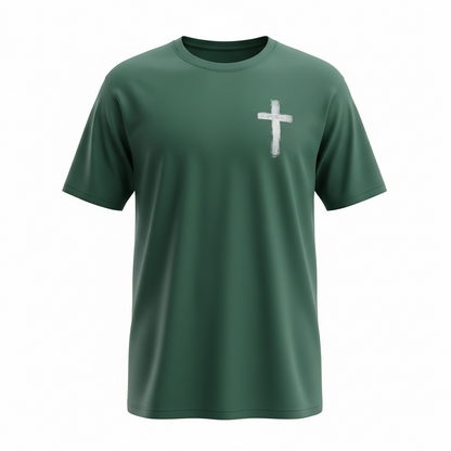 Green t-shirt with a white cross on a white background
